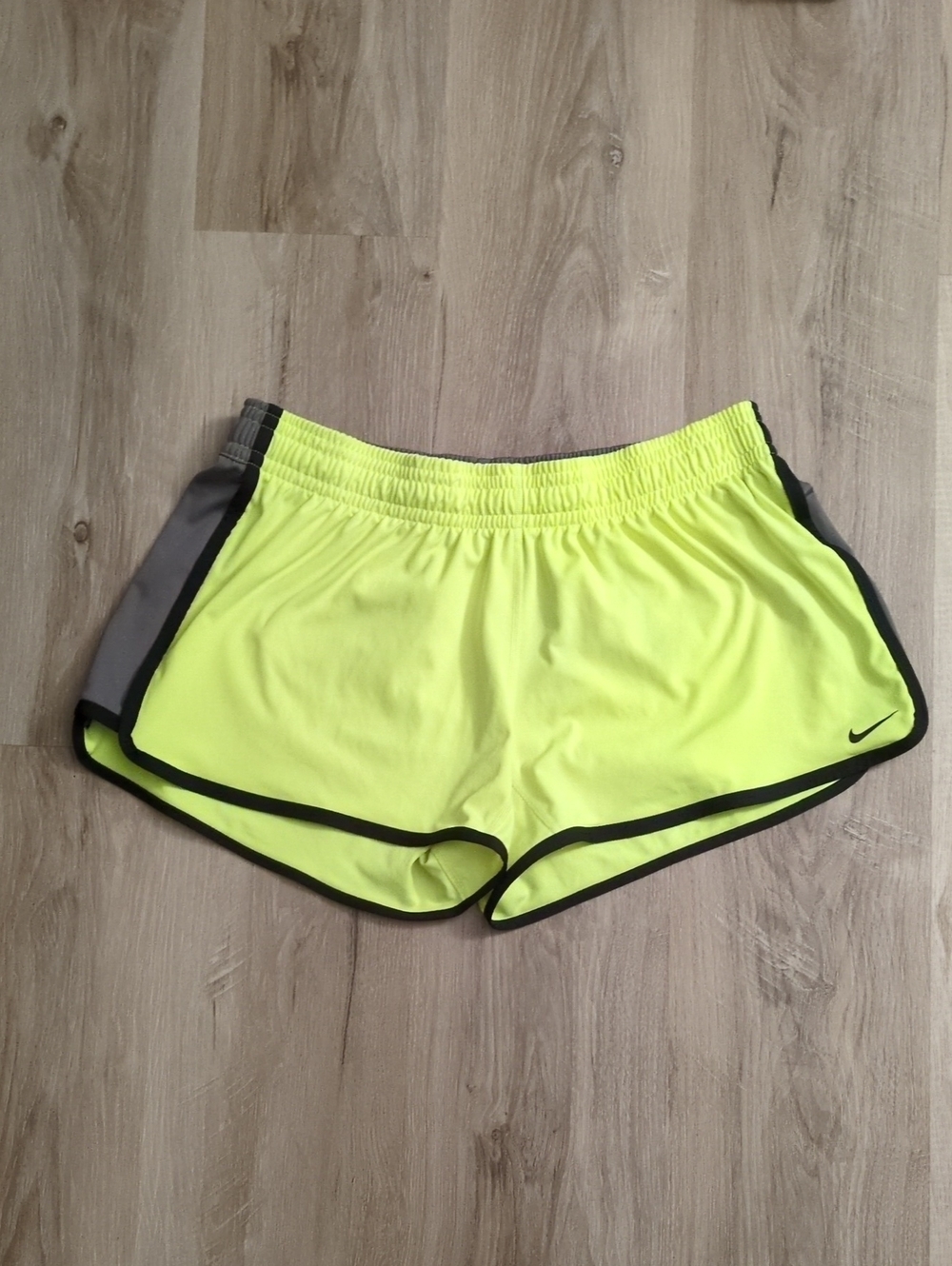 Nike Women's Neon Yellow Athletic Running Shorts with Gray Panels